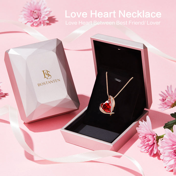 BOSTANTEN Rose Gold Plated Pendant Necklace with Birthstone Love Heart Crystal Jewelry Birthday Gifts for Women Mom Wife Girlfriend, 18"+2" - BOSTANTEN