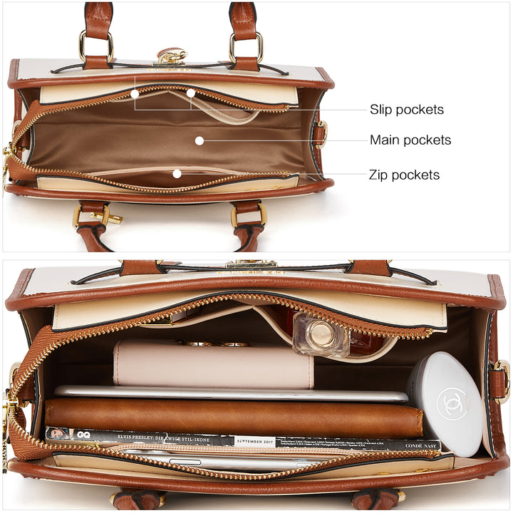 BOSTANTEN Women Leather Handbags Designer Satchel Purses Two-Tone Top Handle Work Shoulder Tote Bags - BOSTANTEN