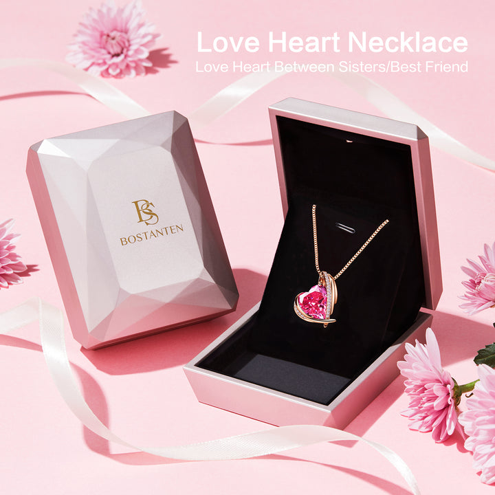 BOSTANTEN Rose Gold Plated Pendant Necklace with Birthstone Love Heart Crystal Jewelry Birthday Gifts for Women Mom Wife Girlfriend, 18"+2" - BOSTANTEN