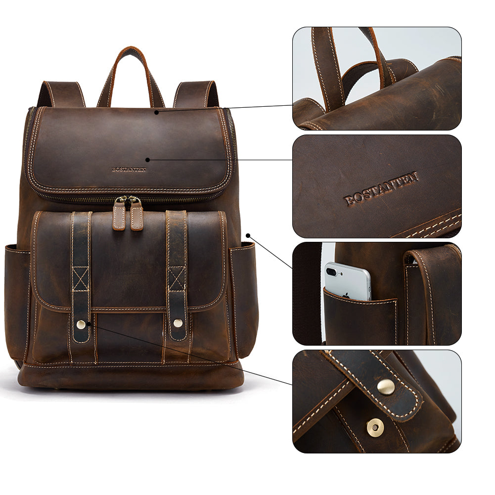 BOSTANTEN Leather Backpack 15.6 inch Laptop Backpack Vintage Travel Office Bag Large Capacity School Shoulder Bag - BOSTANTEN