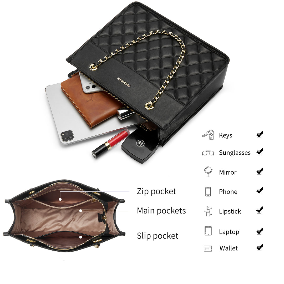 BOSTANTEN Handbags for Women Designer Leather Purses Quilted Shoulder Tote Bag with Chain Strap - BOSTANTEN