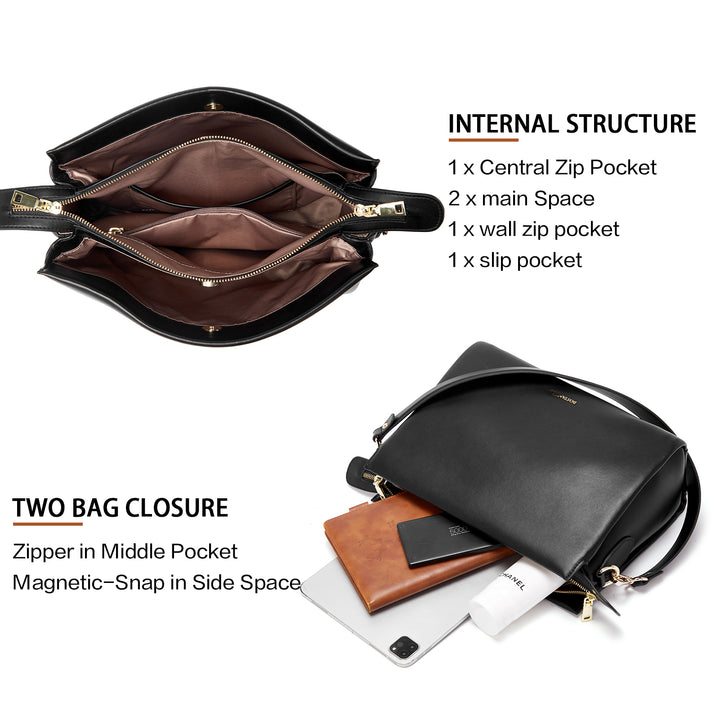 BOSTANTEN Women Leather Purses Handbags Designer Satchel Bag Shoulder Top Handle Tote Bags Triple Compartment - BOSTANTEN