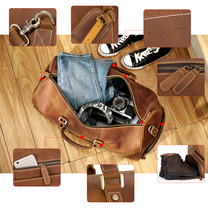 BOSTANTEN Duffle Bags Genuine Leather Travel Bag Gym Extra Large Overnight Weekender Luggage Brown - BOSTANTEN