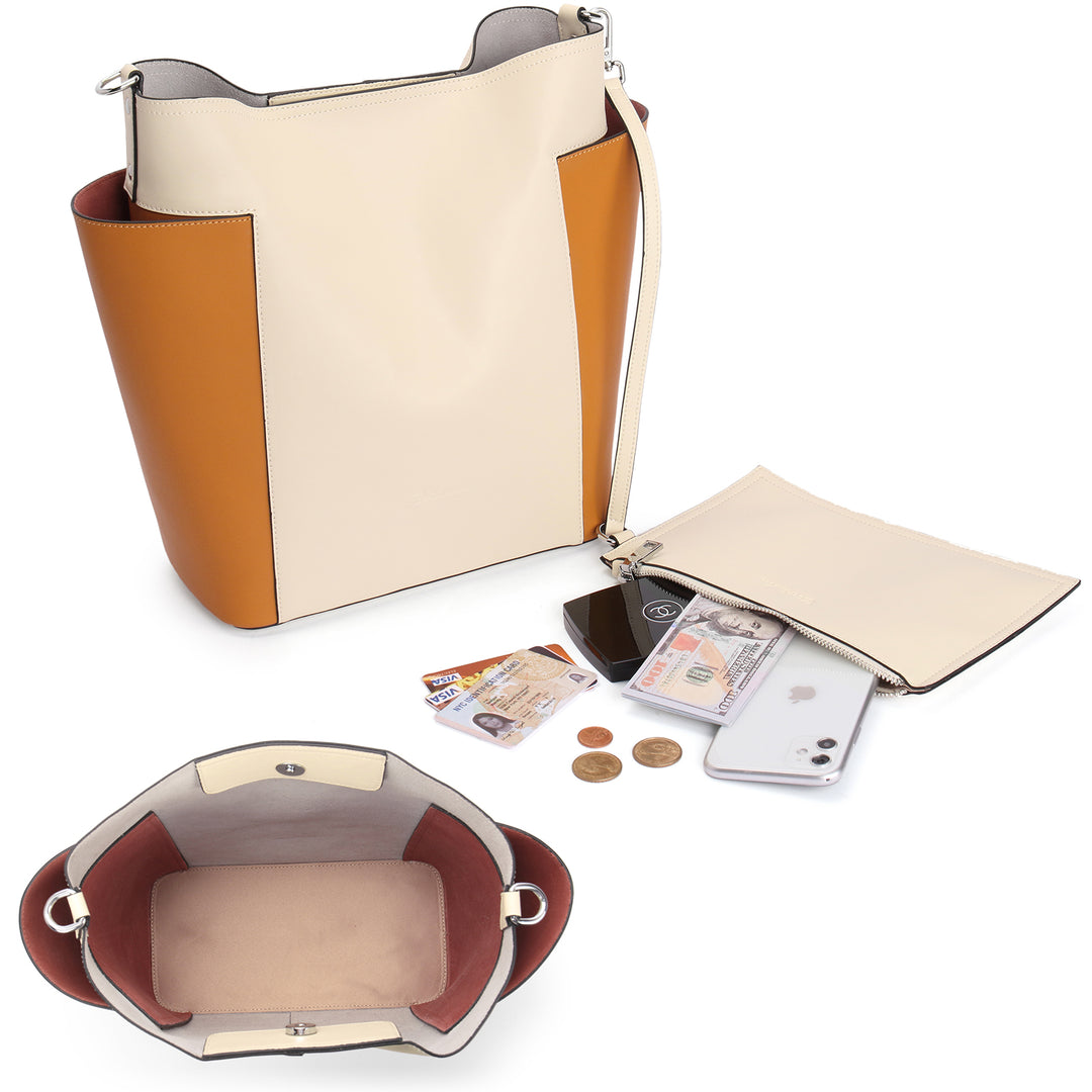Lotty Funktionelle und modische Hobo-Tasche aus butterweichem Leder - Beige mit Gelb 