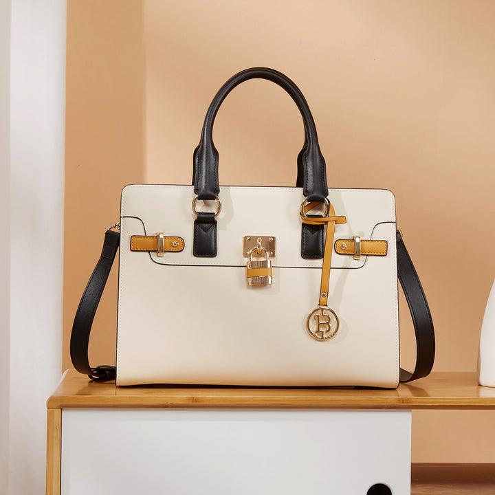 BOSTANTEN Women Leather Handbags Designer Satchel Purses Two-Tone Top Handle Work Shoulder Tote Bags