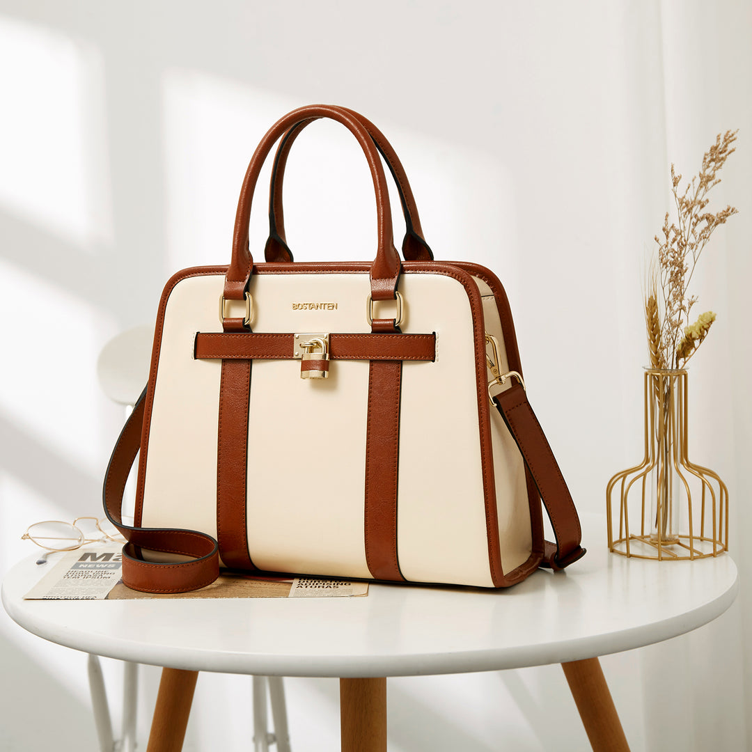 BOSTANTEN Women Leather Handbags Designer Satchel Purses Two-Tone Top Handle Work Shoulder Tote Bags - BOSTANTEN