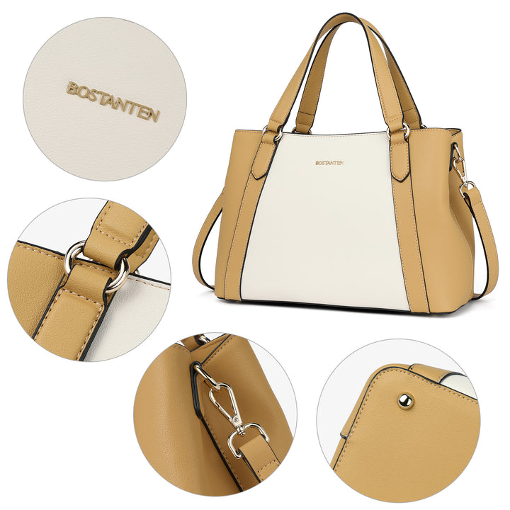 BOSTANTEN Women Leather Handbags Designer Shoulder Tote Bags Two Tone Work Daily Top Handle Satchel Purses - BOSTANTEN