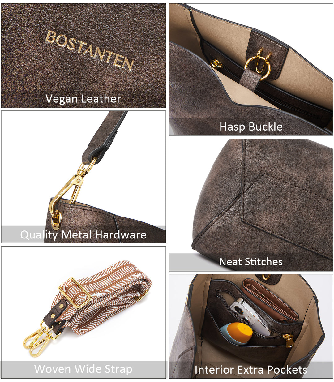 BOSTANTEN Leather Purses and Handbags for Women Designer Hobo Bucket Bag Fashion Small Crossbody Purses