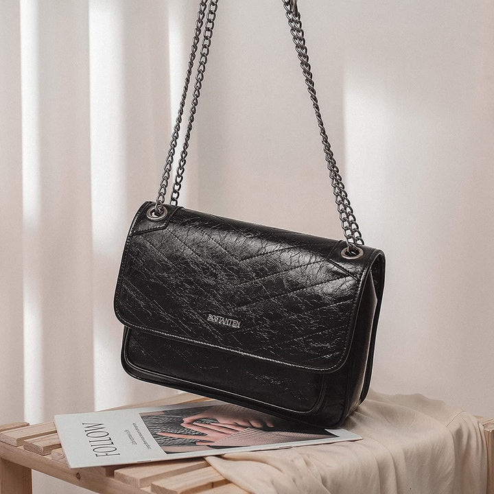 BOSTANTEN Damen Lederhandtasche Designer Chevron Gesteppte Umhängetasche Modische Schultertasche mit Kettenriemen 