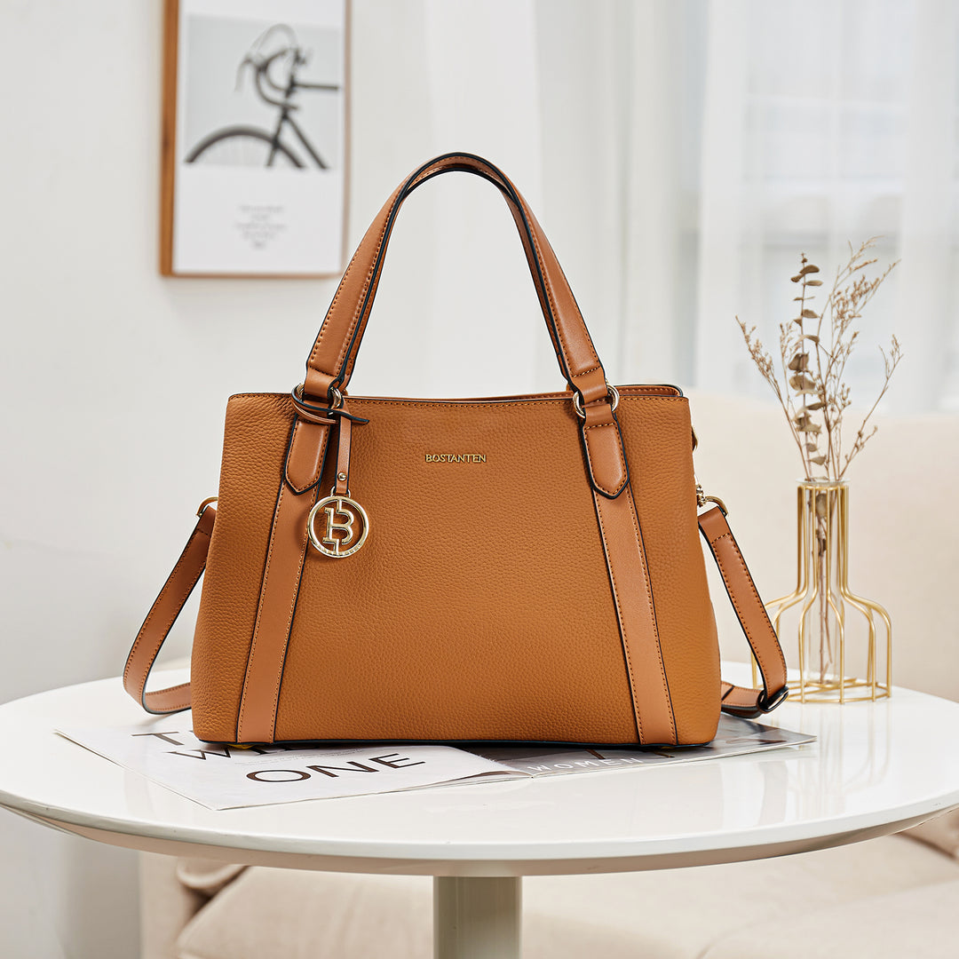 BOSTANTEN Lederhandtasche für Damen, Designer-Schultertasche, Henkeltasche oben, Umhängetasche mit drei Fächern 