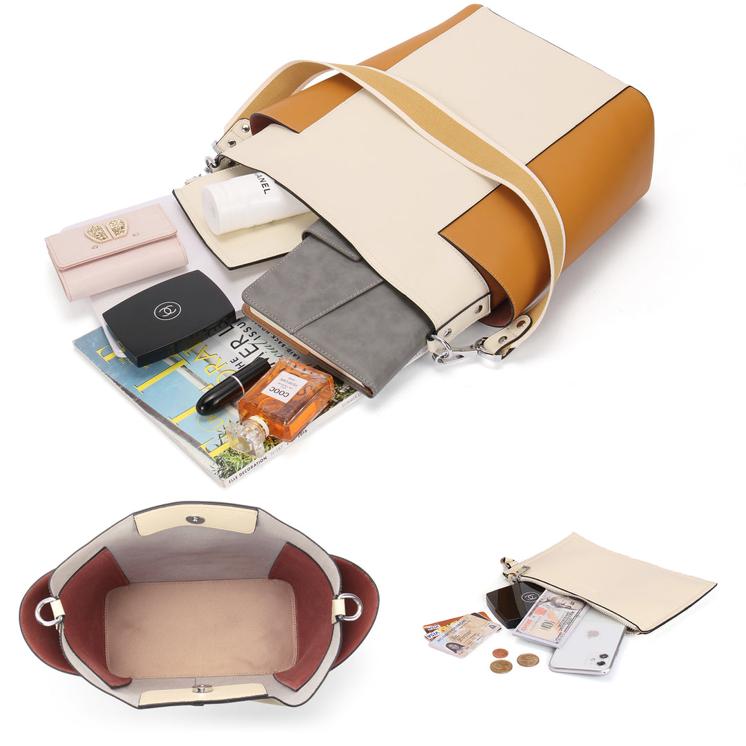 Lotty Funktionelle und modische Hobo-Tasche aus butterweichem Leder - Beige mit Gelb 