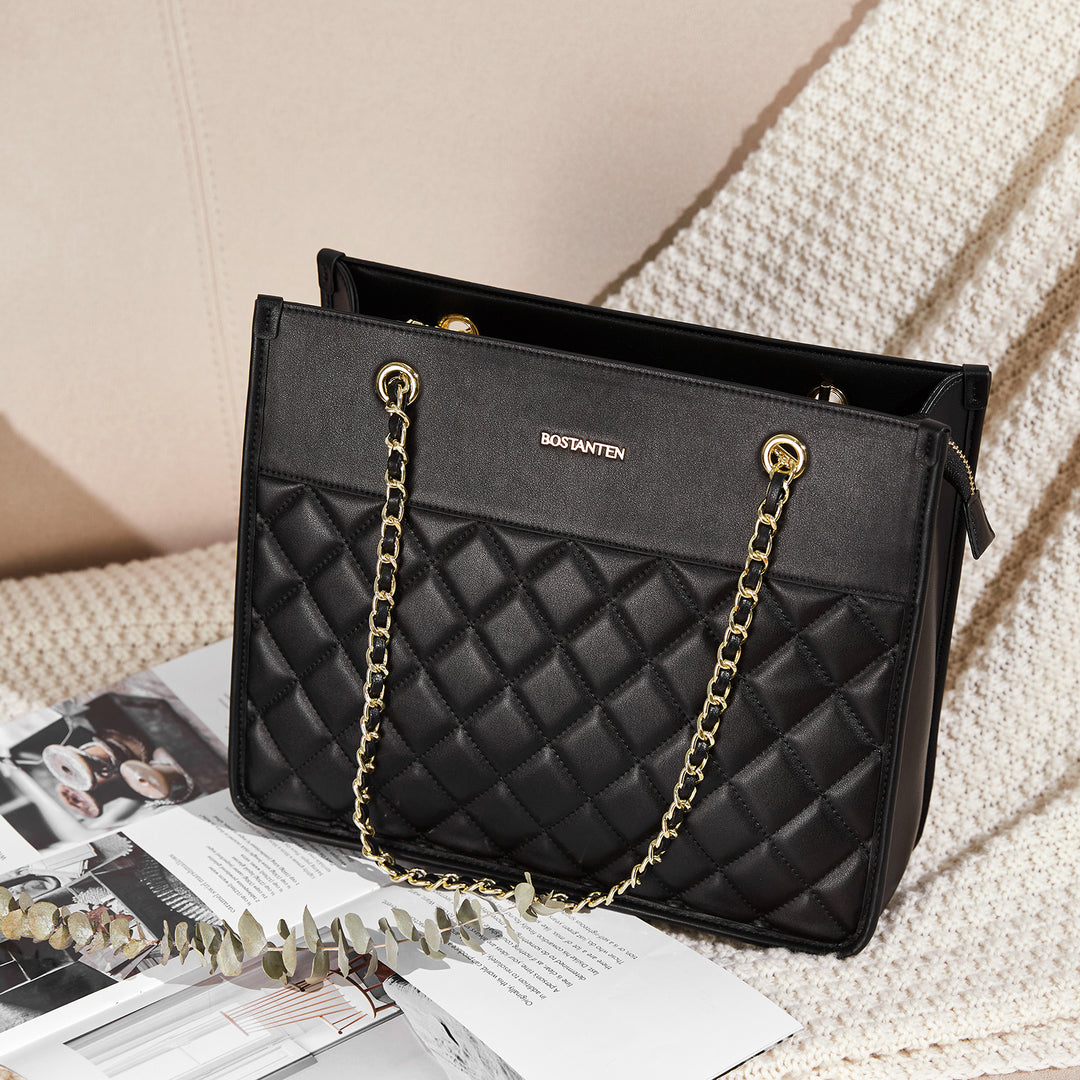 BOSTANTEN Handbags for Women Designer Leather Purses Quilted Shoulder Tote Bag with Chain Strap - BOSTANTEN