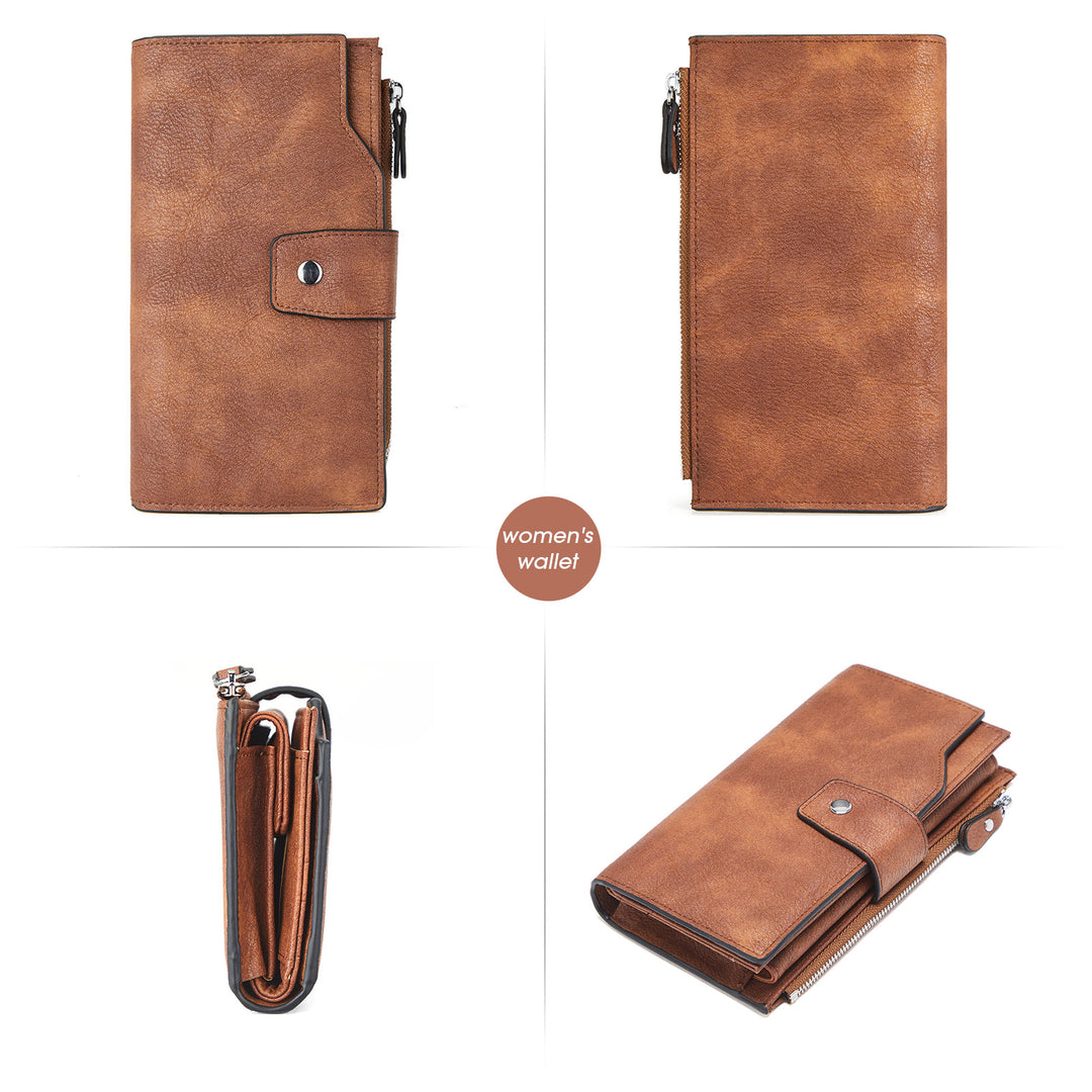 BOSTANTEN Womens Wallet Leather Wallets Large Capacity Cash Cluth Purses Coffee Rough Grain - BOSTANTEN