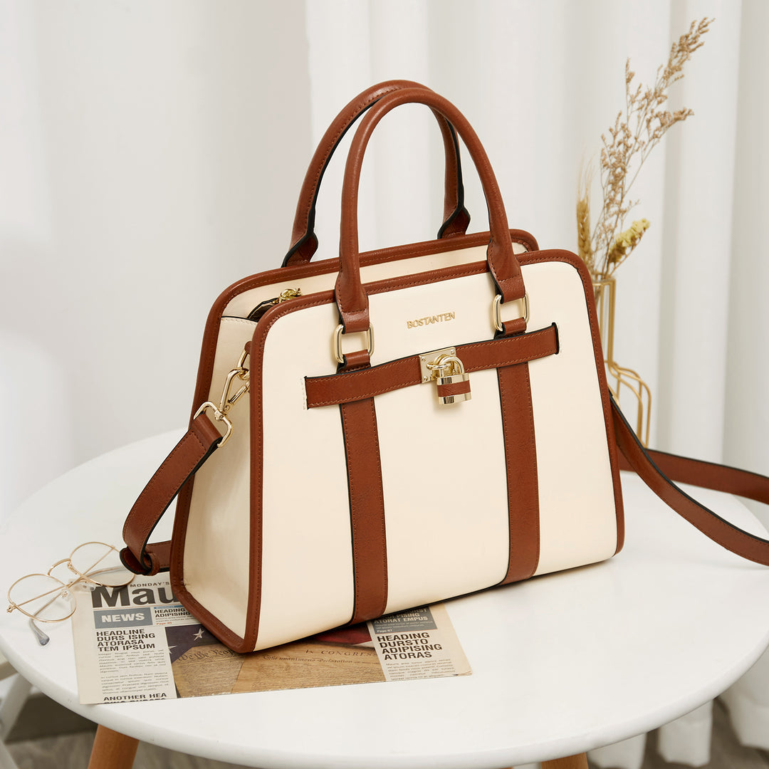 BOSTANTEN Women Leather Handbags Designer Satchel Purses Two-Tone Top Handle Work Shoulder Tote Bags - BOSTANTEN