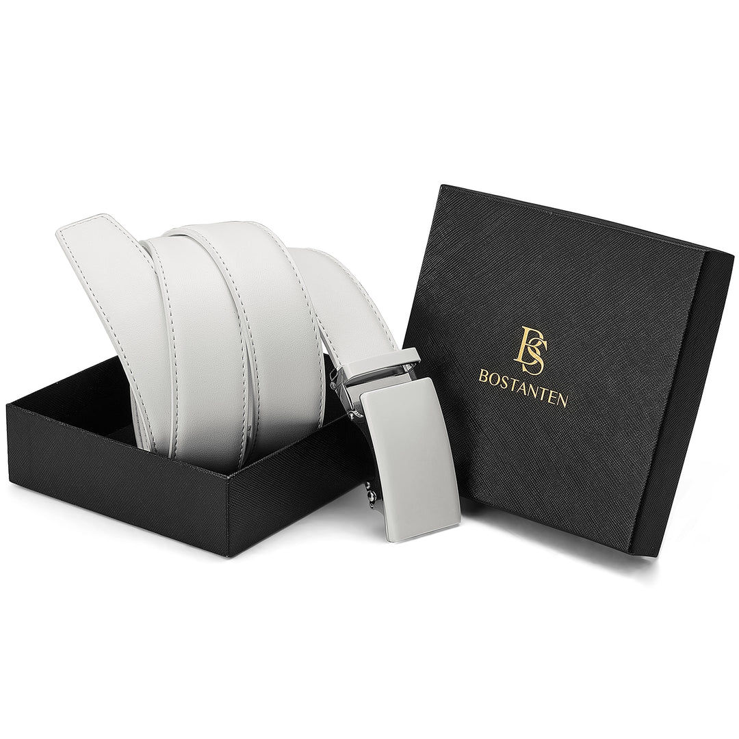 Leather Ratchet Dress Belt with Sliding Adjustable Buckle - BOSTANTEN