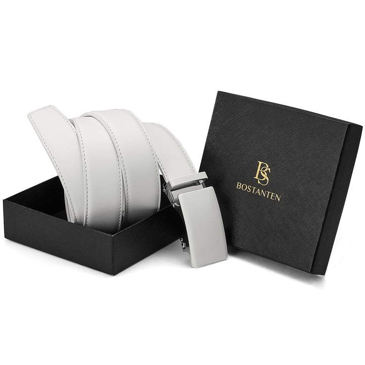 Leather Ratchet Dress Belt with Sliding Adjustable Buckle - BOSTANTEN