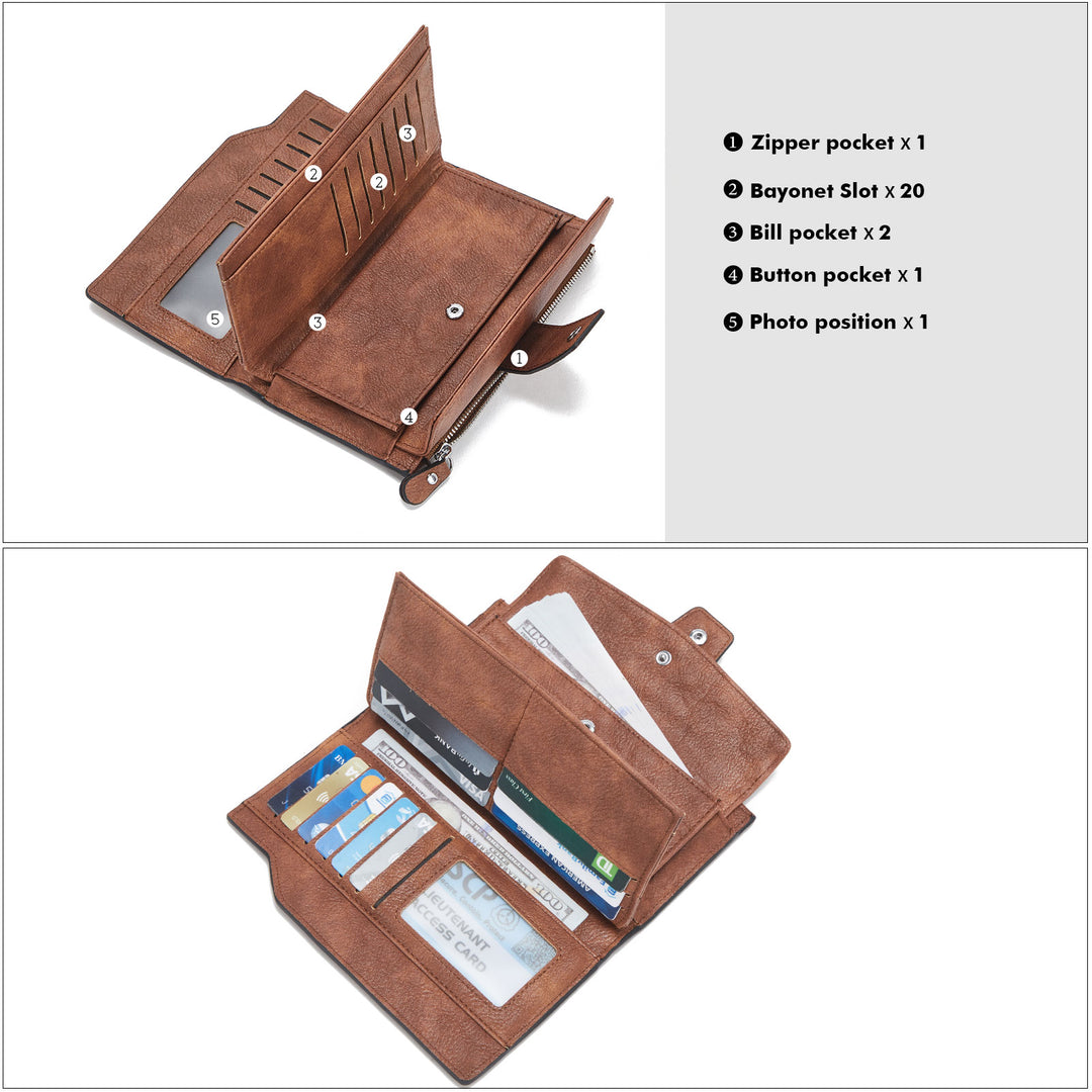 BOSTANTEN Womens Wallet Leather Wallets Large Capacity Cash Cluth Purses Coffee Rough Grain - BOSTANTEN