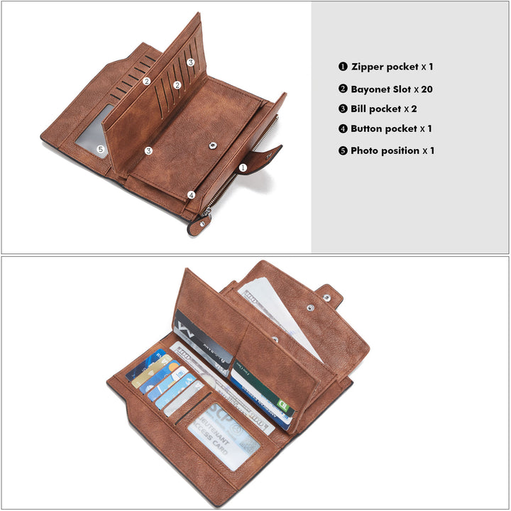 BOSTANTEN Womens Wallet Leather Wallets Large Capacity Cash Cluth Purses Coffee Rough Grain - BOSTANTEN