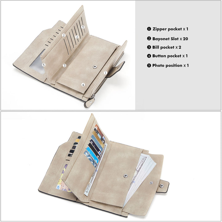 BOSTANTEN Womens Wallet Leather Wallets Large Capacity Cash Cluth Purses Coffee Rough Grain - BOSTANTEN
