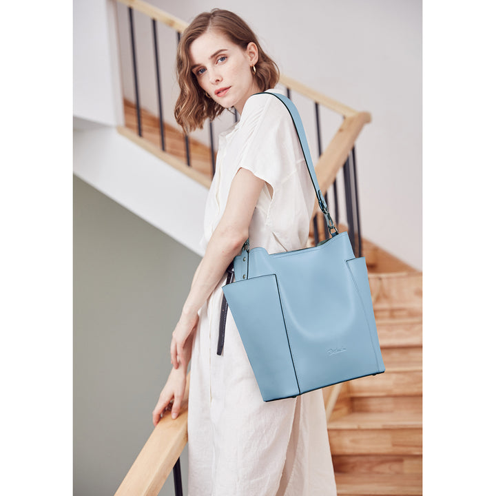 BOSTANTEN Genuine Leather Bucket Handbag Designer Hobo Shoulder Bags Tote Purses and Handbags Set with Clutch Purses - BOSTANTEN